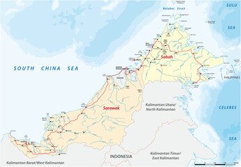 vector road map of the Malaysian states of Sarawak and Sabah on the island of Borneo, Malaysia