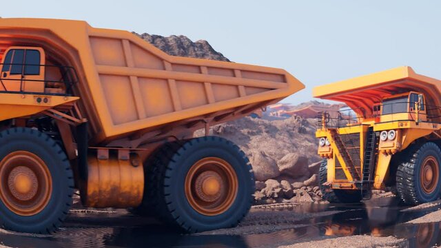 Animation of yellow dump trucks going one by one. Dumpers carrying a heavy load.