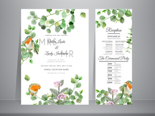 Greenery floral and bird watercolor wedding invitation card template