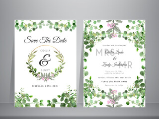 Fototapeta na wymiar Greenery floral watercolor wedding invitation card template
