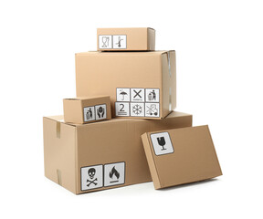 Cardboard boxes with different packaging symbols on white background. Parcel delivery