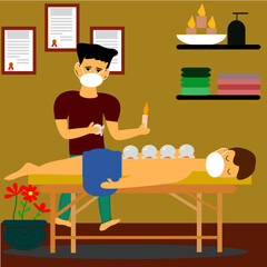 Relaxed Young man  receiving cupping therapy from practitioner  with wearing medical face mask due to ongoing pandemic of coronavirus, covid-19.

