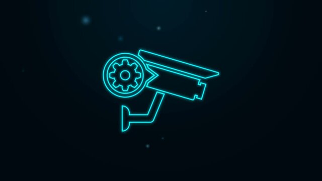 Glowing neon line Security camera and gear icon isolated on black background. Adjusting app, service concept, setting options, maintenance, repair, fixing. 4K Video motion graphic animation.