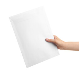 Woman holding paper envelope on white background, closeup
