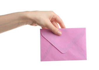 Woman holding pink paper envelope on white background, closeup