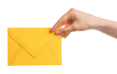 Woman holding yellow paper envelope on white background, closeup