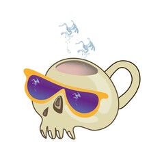 Scary mug skull in purple sunglasses. Hot witchcraft potion. Vector isolated on white background.
