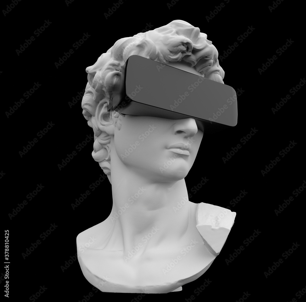 Aufkleber postmodern style illustration from 3d rendering of classical head sculpture with vr visor headset.