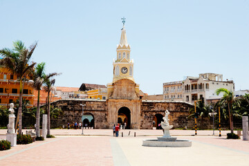 Clock tower in a city, Puerta Del Reloj, Cartagena, Bolivar, Colombia
