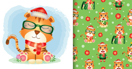 a cute tiger christmas characters with santa hat and scarf. seamless pattern and illustration designs