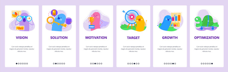 Business vision, target, growth. Mobile app onboarding screens, vector website banner template