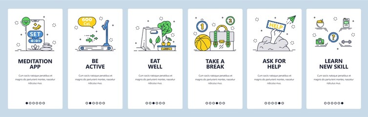 Mental health tips to deal with stress. Mobile app onboarding screens, vector website banner template