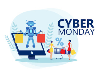 robot holding shop bag on laptop for offer big sale on Cyber Monday online shopping concept. flat illustration