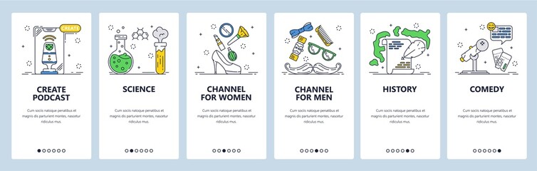 Create podcasts. Channels for women and men. Mobile app screens, vector website banner template