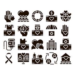 Volunteers Support Glyph Icons Set Vector. Volunteers Support, Charitable Organizations Pictograms. Blood Donor, Food Donations, Financial Help, Humanitarian Aid Glyph Pictograms Black Illustrations