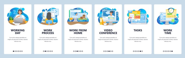 Work from home. Video conference technology. Tasks, working day. Mobile app screens, vector website banner template.