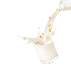Soy milk splash with soybeans isolated on white background.