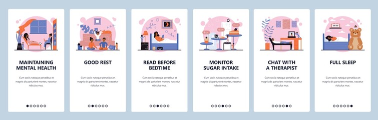 Mental health maintaining tips. Good rest, sleep, psychology therapy. Mobile app screens, vector website banner template