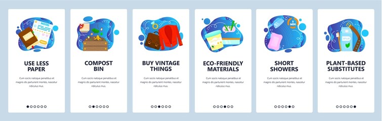 Eco lifestyle, environment protection, save nature. Mobile app onboarding screens, vector website banner template.