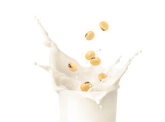 Soy milk splash with soybeans isolated on white background.