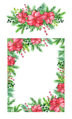 Watercolor christmas frame with christmas star red flower fir branch new year bouquet
