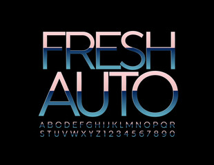 Vector industry emblem Fresh Auto. Modern metallic Font. Aluminum Alphabet Letters and Numbers set