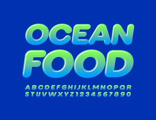 Vector delicious sign Ocean Food. Gradient color Font. Bright glossy Alphabet Letters and Numbers set