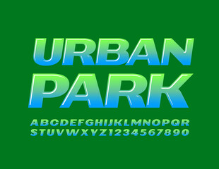 Vector green emblem Urban Park. Creative glossy Font. Colorful Alphabet Letters and Numbers set