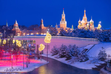 New Year Moscow. Christmas decorations in the center of the Russian capital. Moscow Kremlin on...