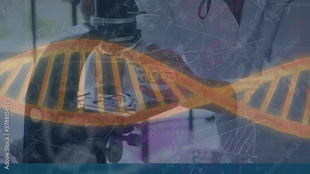 Aufkleber dna and mathematical equations over scientist using microscope.