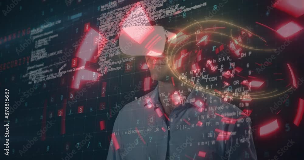 Poster man using vr headset over glowing tunnel against data processing
