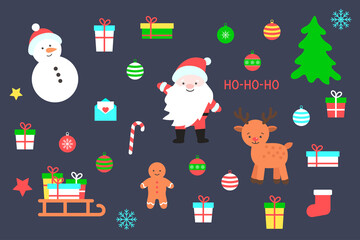 New Year's set for Christmas. Santa, snowman, deer, gingerbread man, Christmas balls and gifts
