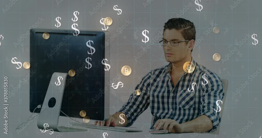 Poster dollar and bitcoin symbols moving against man using computer