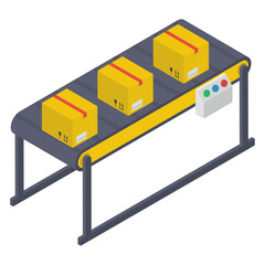 
Boxes on automatic mechanical packaging, conveyor belt icon.
