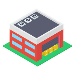 
Commercial warehouse building, isometric vector, parcel storage house.
