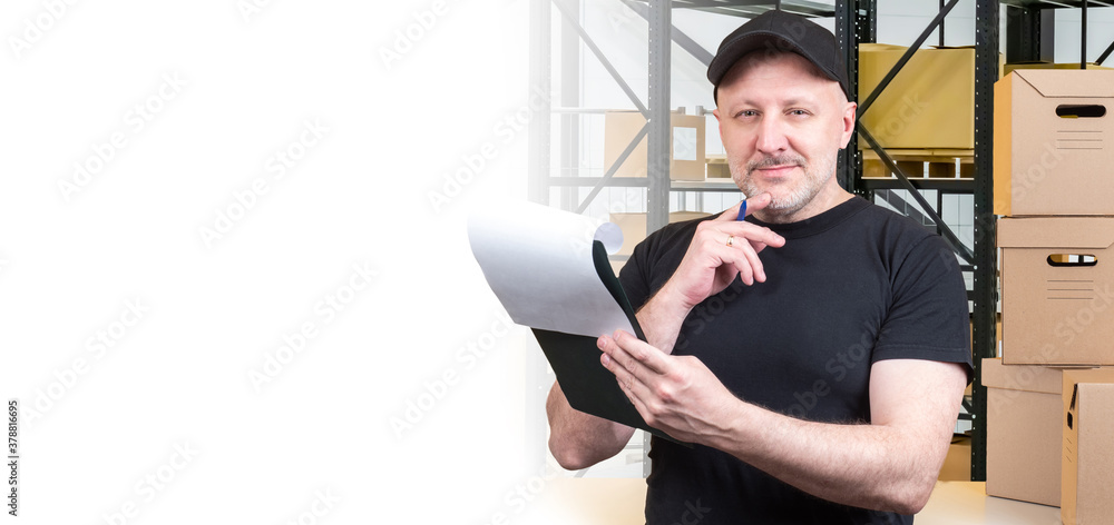 Poster warehouse business. storekeeper on the warehouse background next to the place for your text. a man w