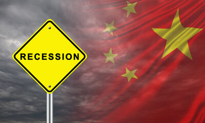 Recession in China. Warning road sign with the words Recession on the background of the flag of the PRC. China economic problems. Stagnation in the Chinese economy.