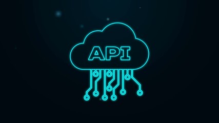 Glowing neon line Cloud api interface icon isolated on black background. Application programming interface API technology. Software integration. 4K Video motion graphic animation.