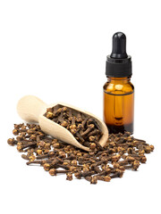 Dried clove spice in the wooden scoop and pure clove essential oil in glass bottle isolated on white background. Full depth of field close-up.