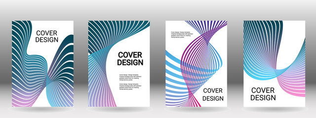 Set of abstract covers. Cover design, background. Shades of blue, green, wavy parallel gradient lines. Trendy banner, poster. EPS vector