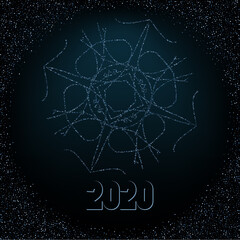 Winter fractal. Abstract blue snowflake or spider web on a black background. Decorative pattern from lines.