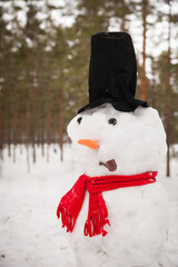 A large snowman in the forest dressed in a red scarf and hat with a carrot and a pipe. Children...