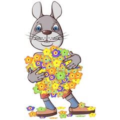 Obraz na płótnie Canvas Cute rabbit goes on a date with a bouquet of flowers. Little cute rabbit is standing and smiling. Small animals evoke emotions and joy. Vector hand drawn illustration