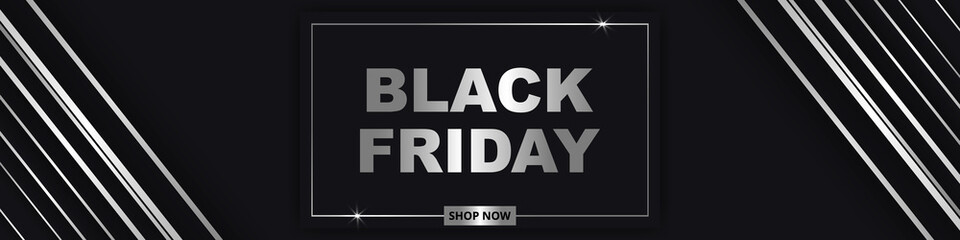 Black friday, wide banner. Gray and silver luxury dark background.