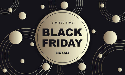 Black friday dark golden abstract banner. Black friday luxury banner template with black and gold abstract circles on black background.