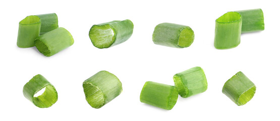 Set of cut green onions on white background. Banner design