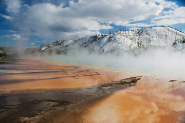 Steam emerging from a hot spring, Grand Prismatic Spring, Yellowstone National Park, Wyoming, USA