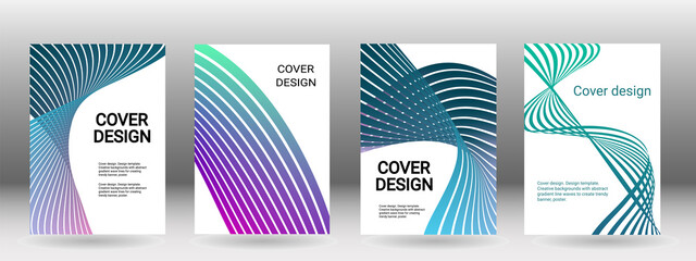Set of abstract covers. Cover design, background. Shades of blue, green, wavy parallel gradient lines. Trendy banner, poster. EPS vector