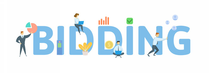 Bidding. Concept with keyword, people and icons. Flat vector illustration. Isolated on white.