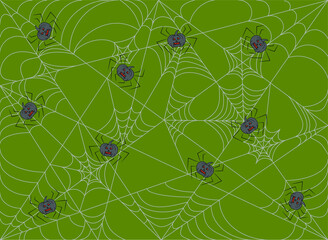 green background with spiders web and pumpkins